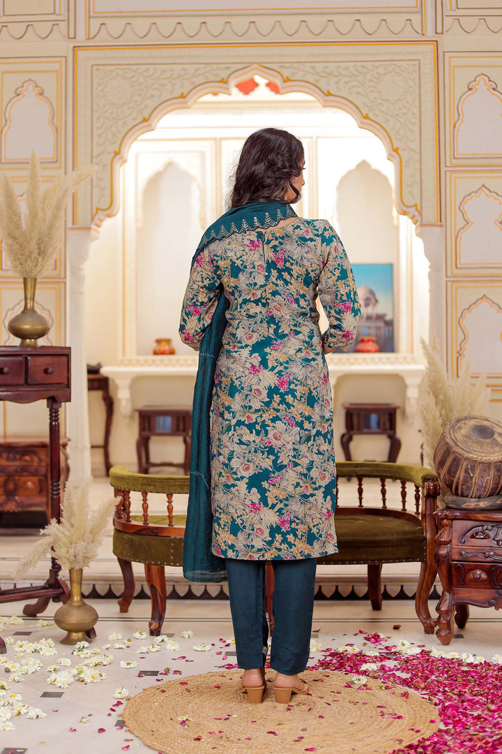 Teal Floral Print Model Straight Cut Kurta Set