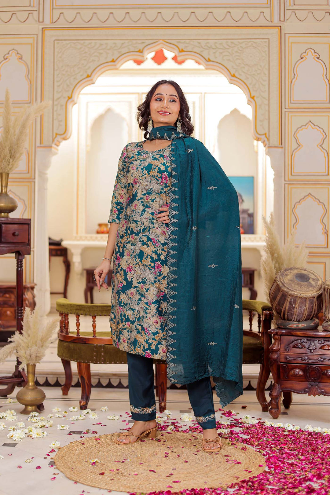 Teal Floral Print Model Straight Cut Kurta Set