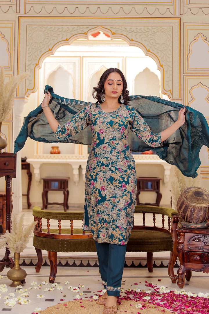 Teal Floral Print Model Straight Cut Kurta Set