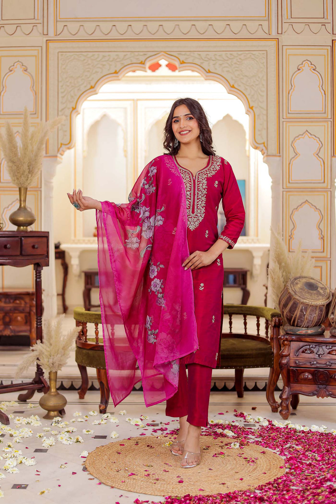 Pink Straight Cut Raw Silk Kurta Set.