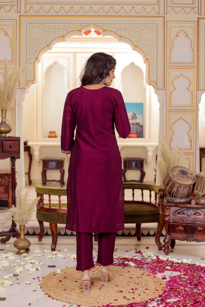 Magenta Straight Cut Raw Silk Kurta Set.