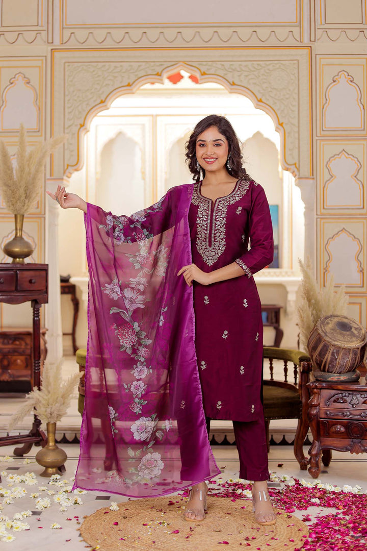 Magenta Straight Cut Raw Silk Kurta Set.