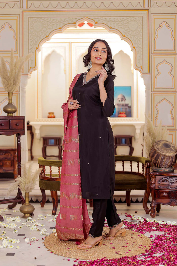 Black Soft Silk Straight Cut Kurta Set