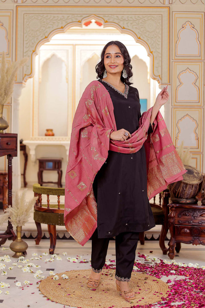 Black Soft Silk Straight Cut Kurta Set