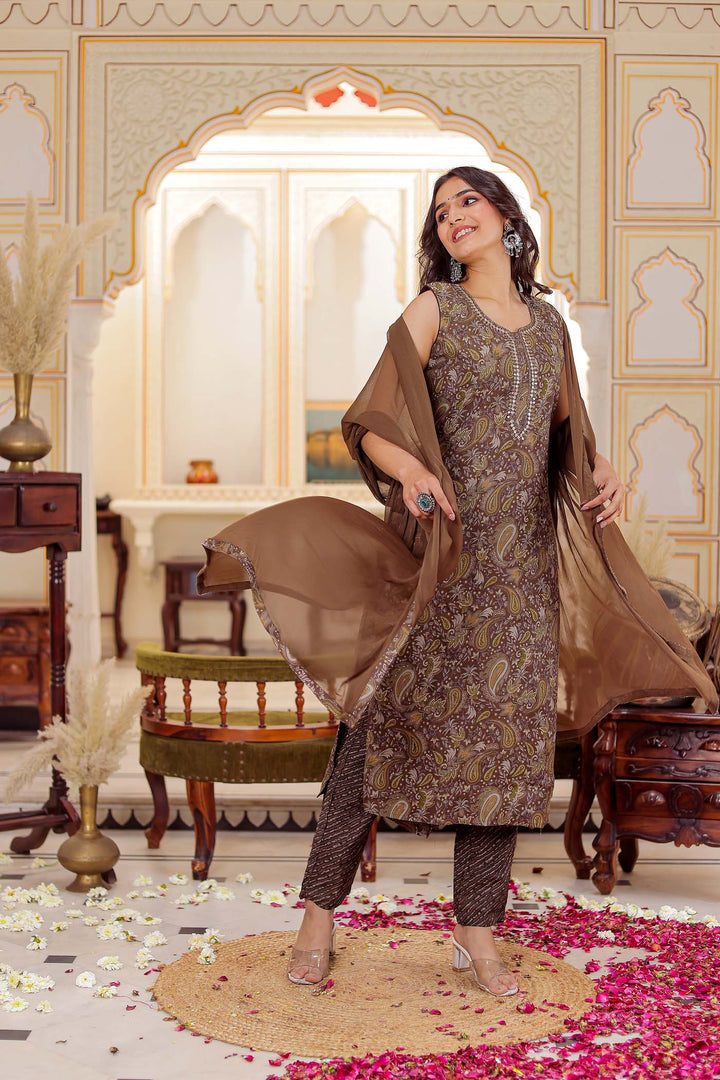 Mehndi Silk Printed Straight Cut Suit