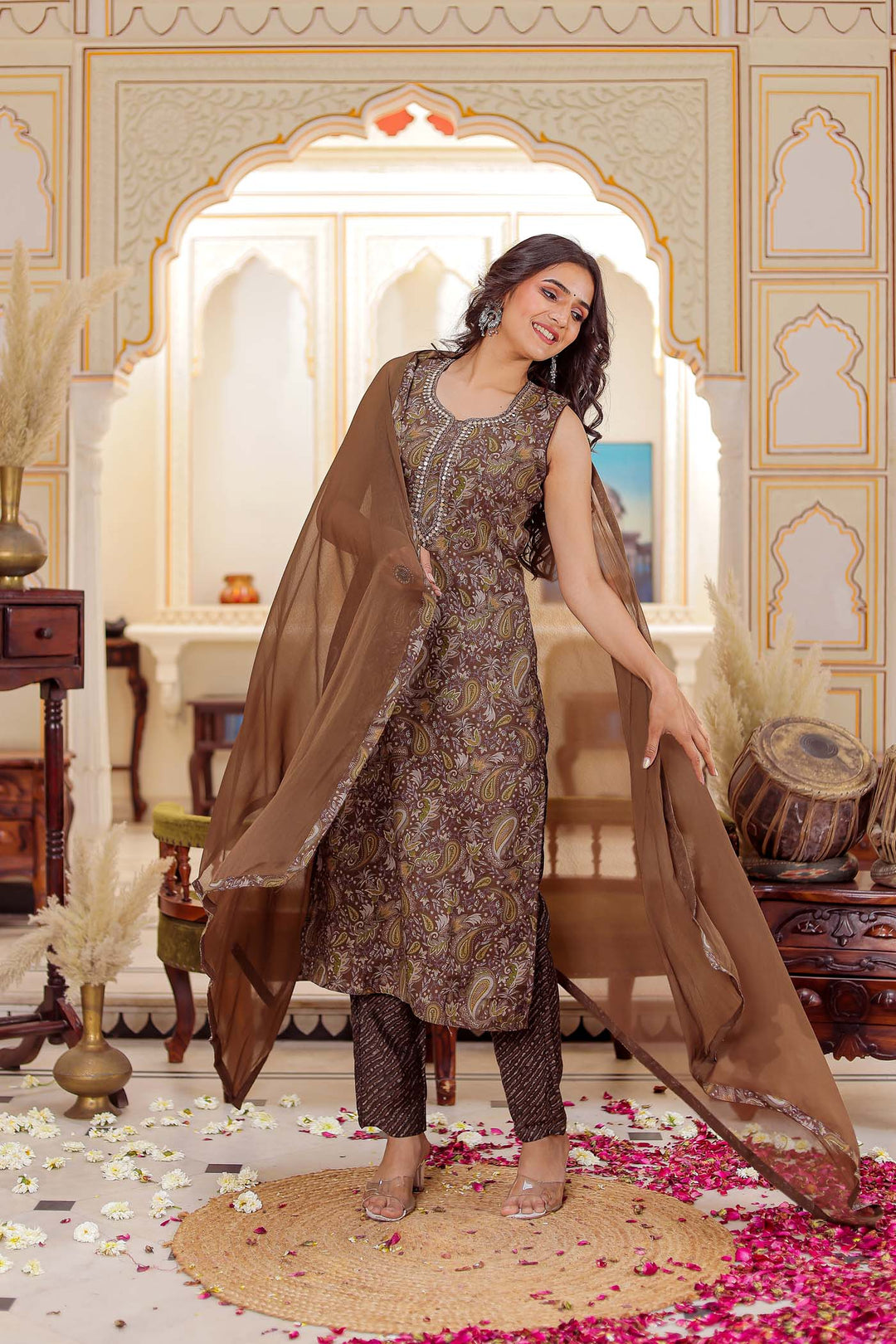 Mehndi Silk Printed Straight Cut Suit