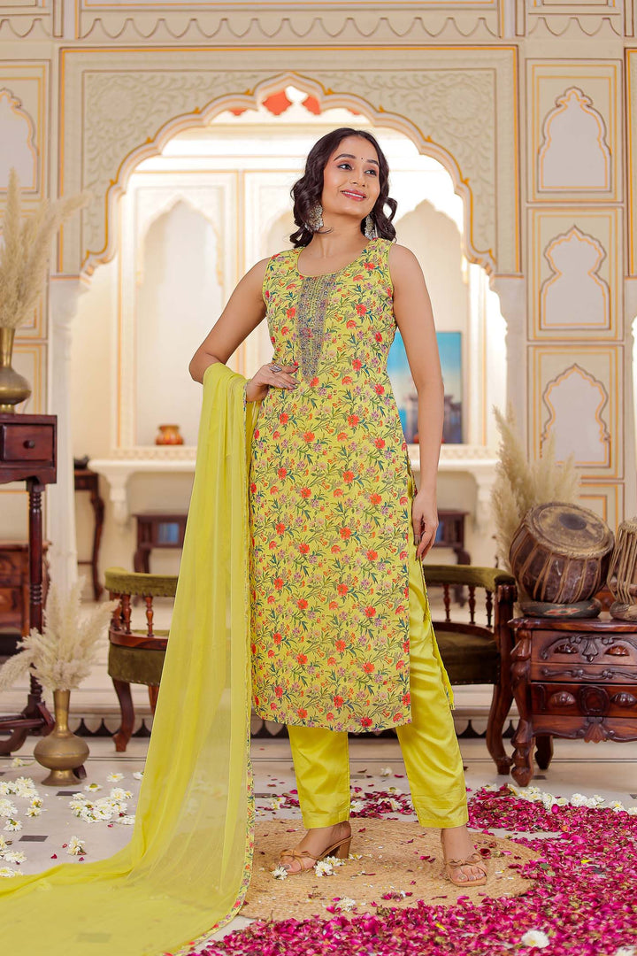 Yellow Floral Print Straight Cut Suit
