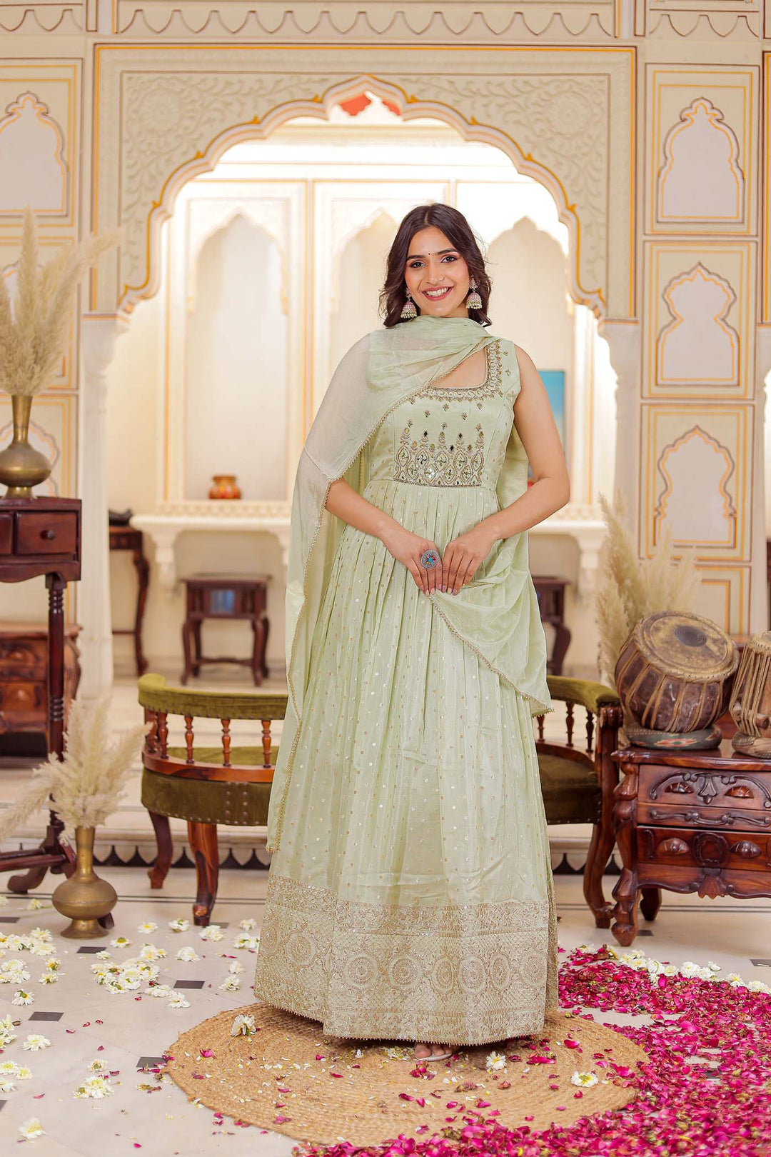 Mint Green Banarsi Silk Anarkali Suit