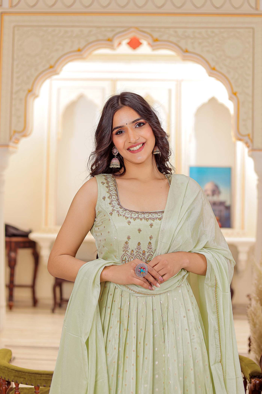 Mint Green Banarsi Silk Anarkali Suit