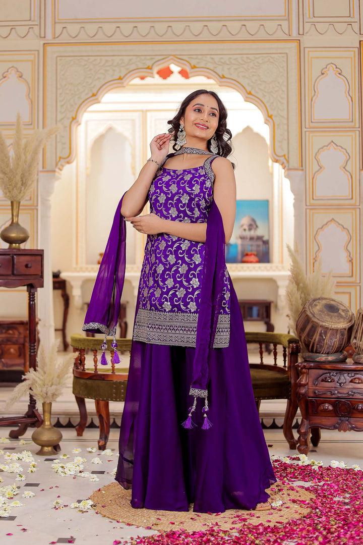Cadbury Purple Jacquard Silk Palazzo Suit
