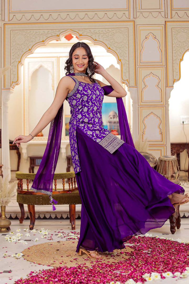 Cadbury Purple Jacquard Silk Palazzo Suit