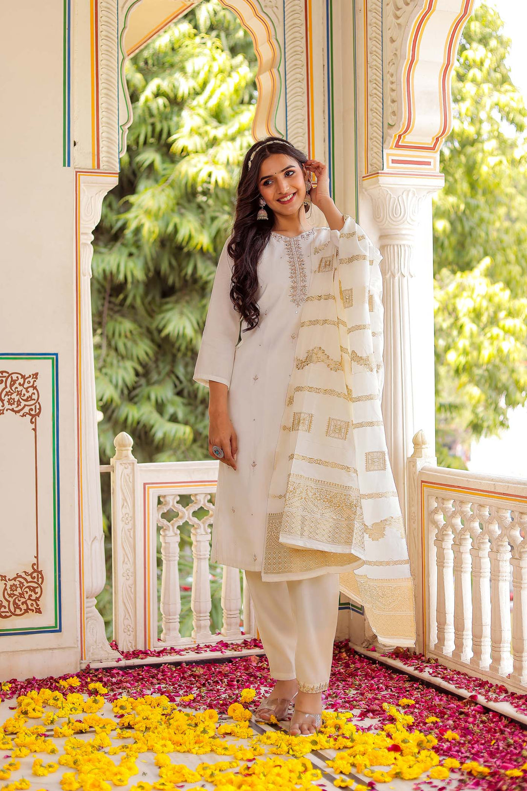 Off White Soft Silk Straight Cut Kurta Set