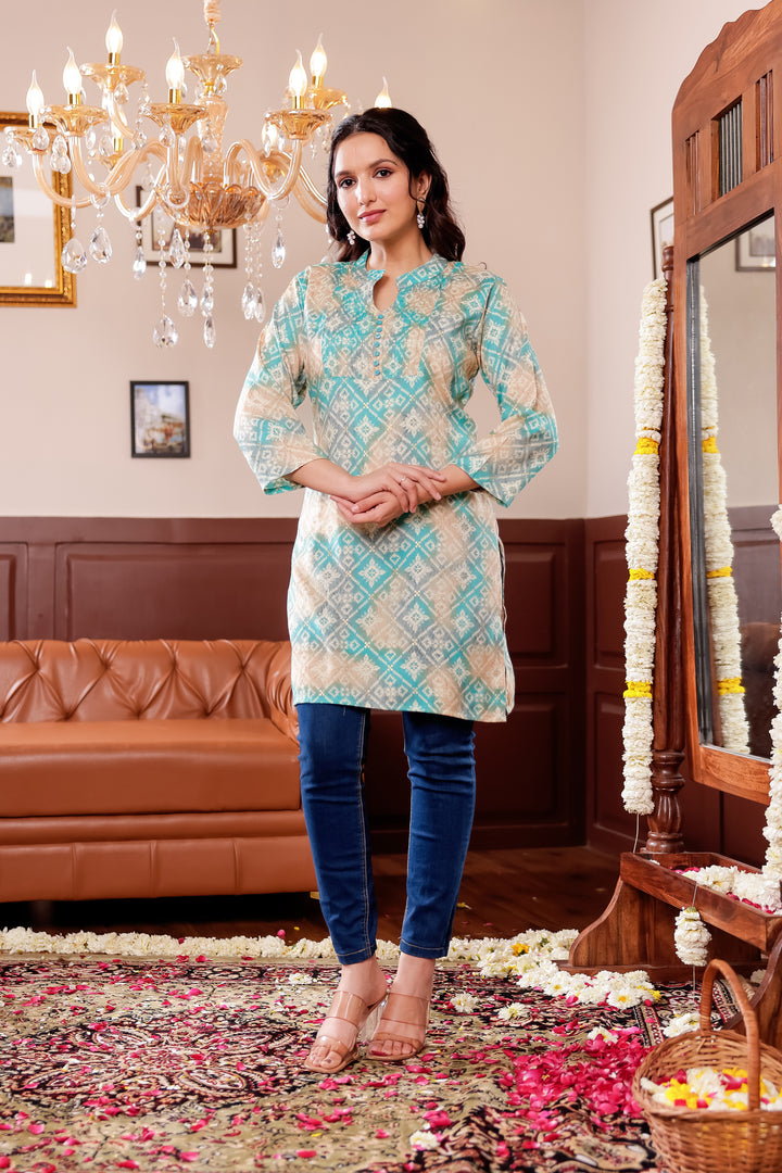 Light Blue Rayon Printed Short Kurti Top.