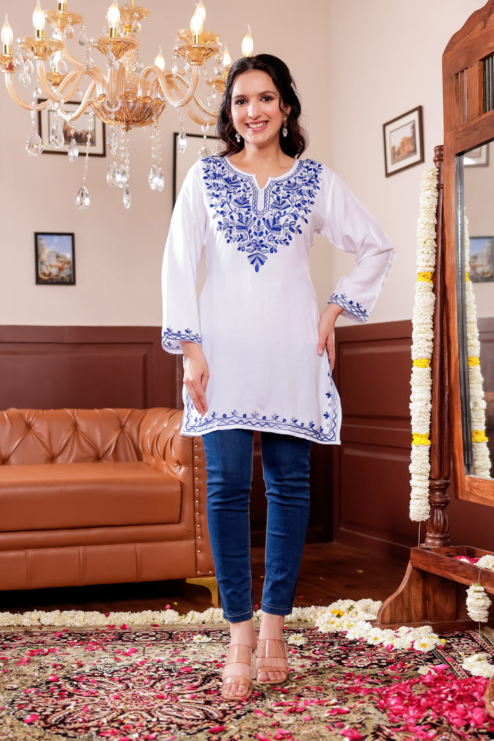 White Rayon Short Kurti Top With Resham Work