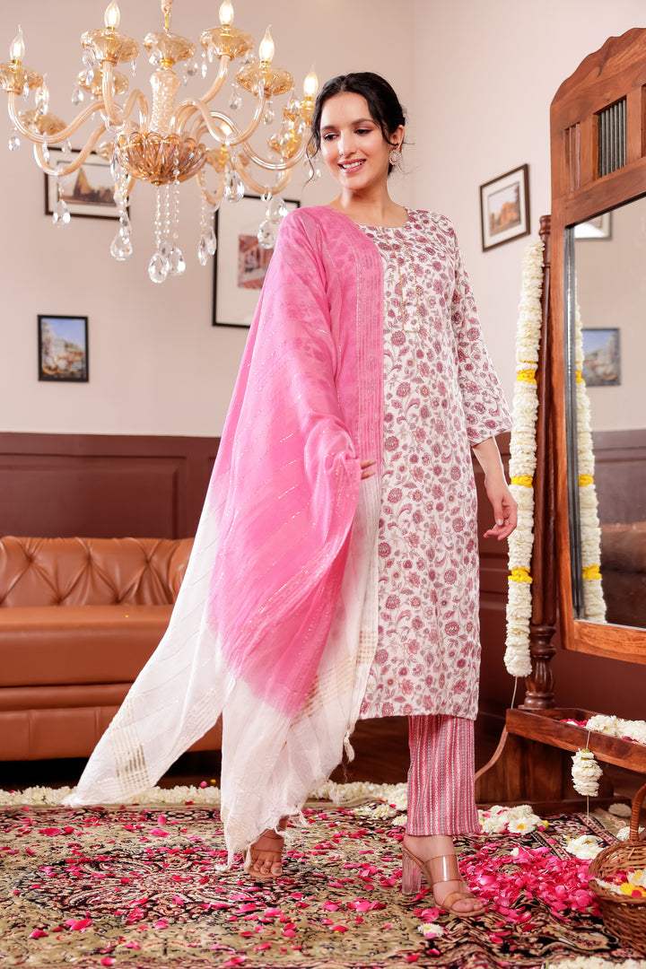Light Pink Floral Printed Straight Cut Rayon Kurta Set.