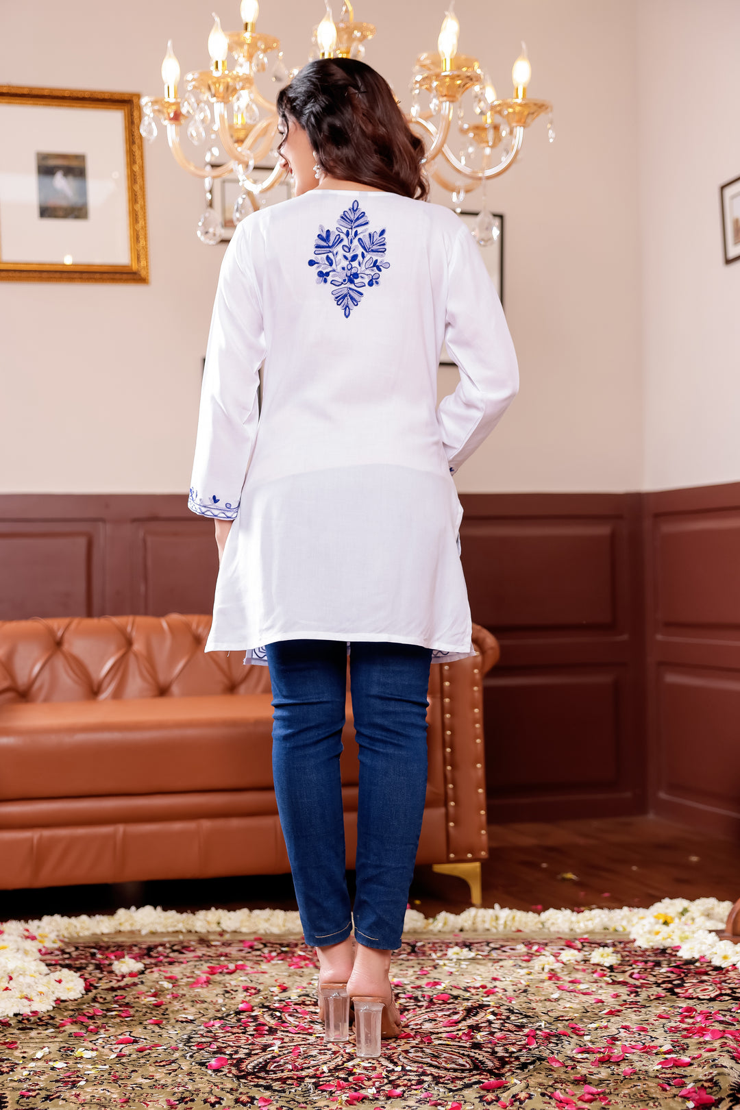 White Rayon Short Kurti Top With Resham Work