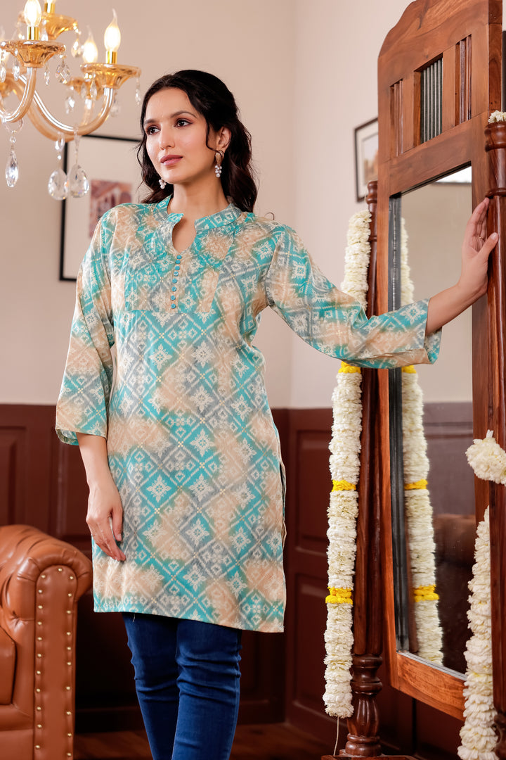 Light Blue Rayon Printed Short Kurti Top.