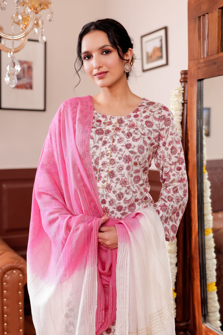 Light Pink Floral Printed Straight Cut Rayon Kurta Set.