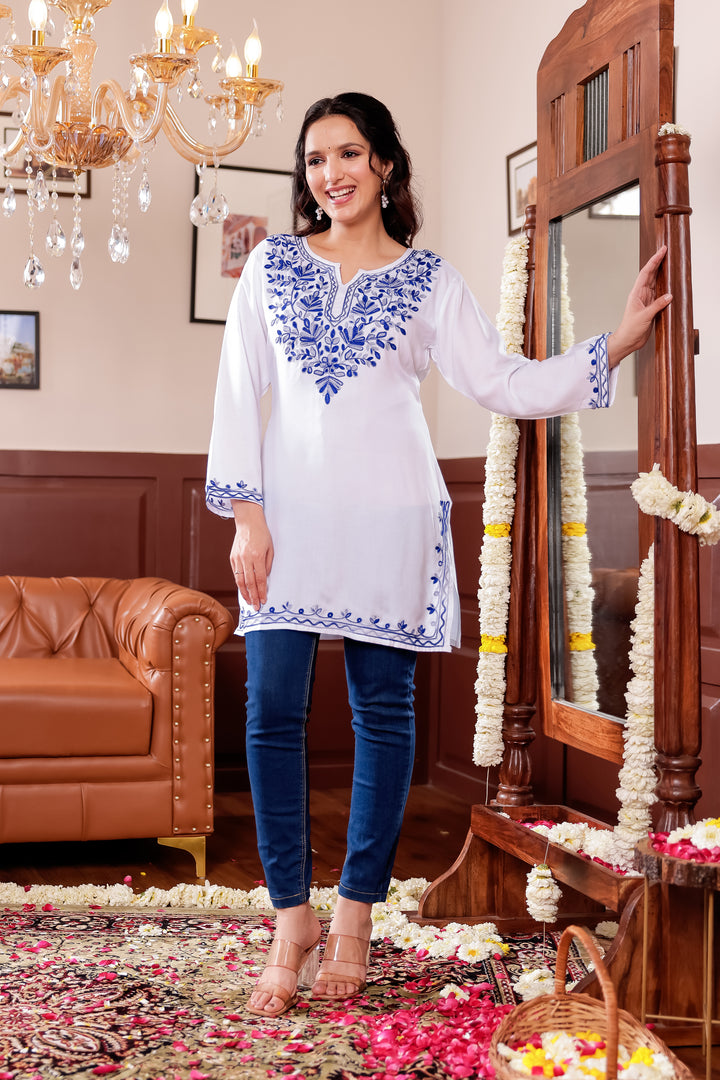 White Rayon Short Kurti Top With Resham Work