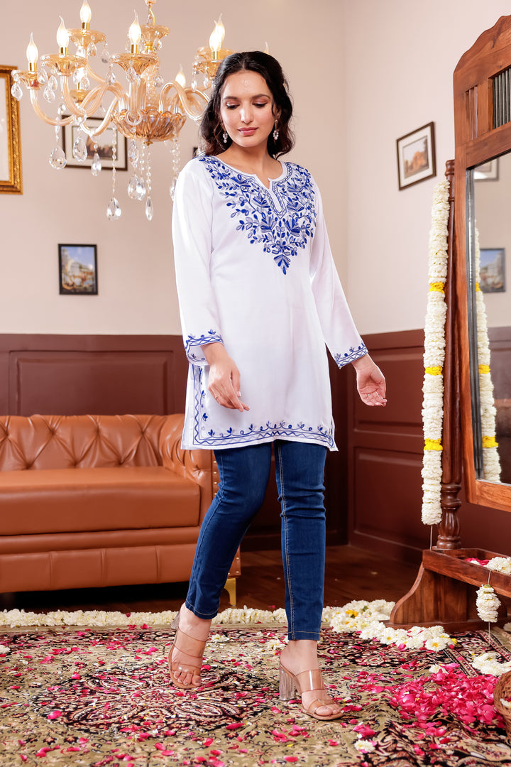 White Rayon Short Kurti Top With Resham Work