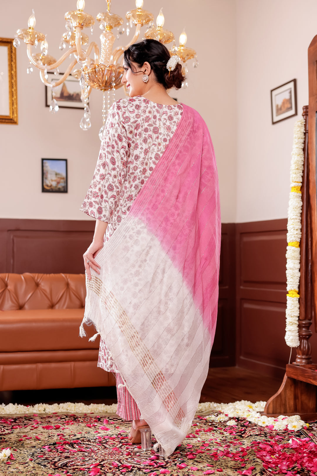 Light Pink Floral Printed Straight Cut Rayon Kurta Set.