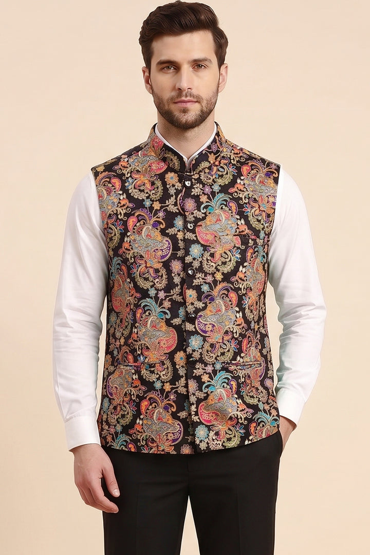 Black Multi Colour Embroidered Waistcoat.