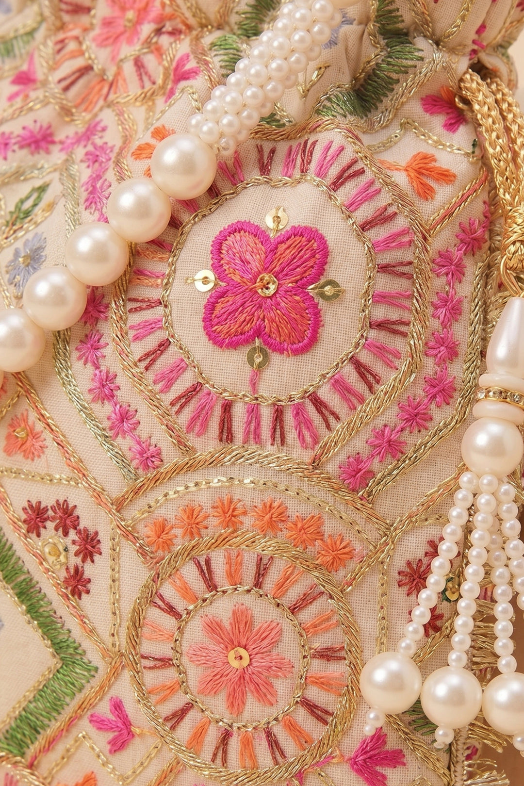 White Multi Colour Embroidered Wedding Potli Bag.