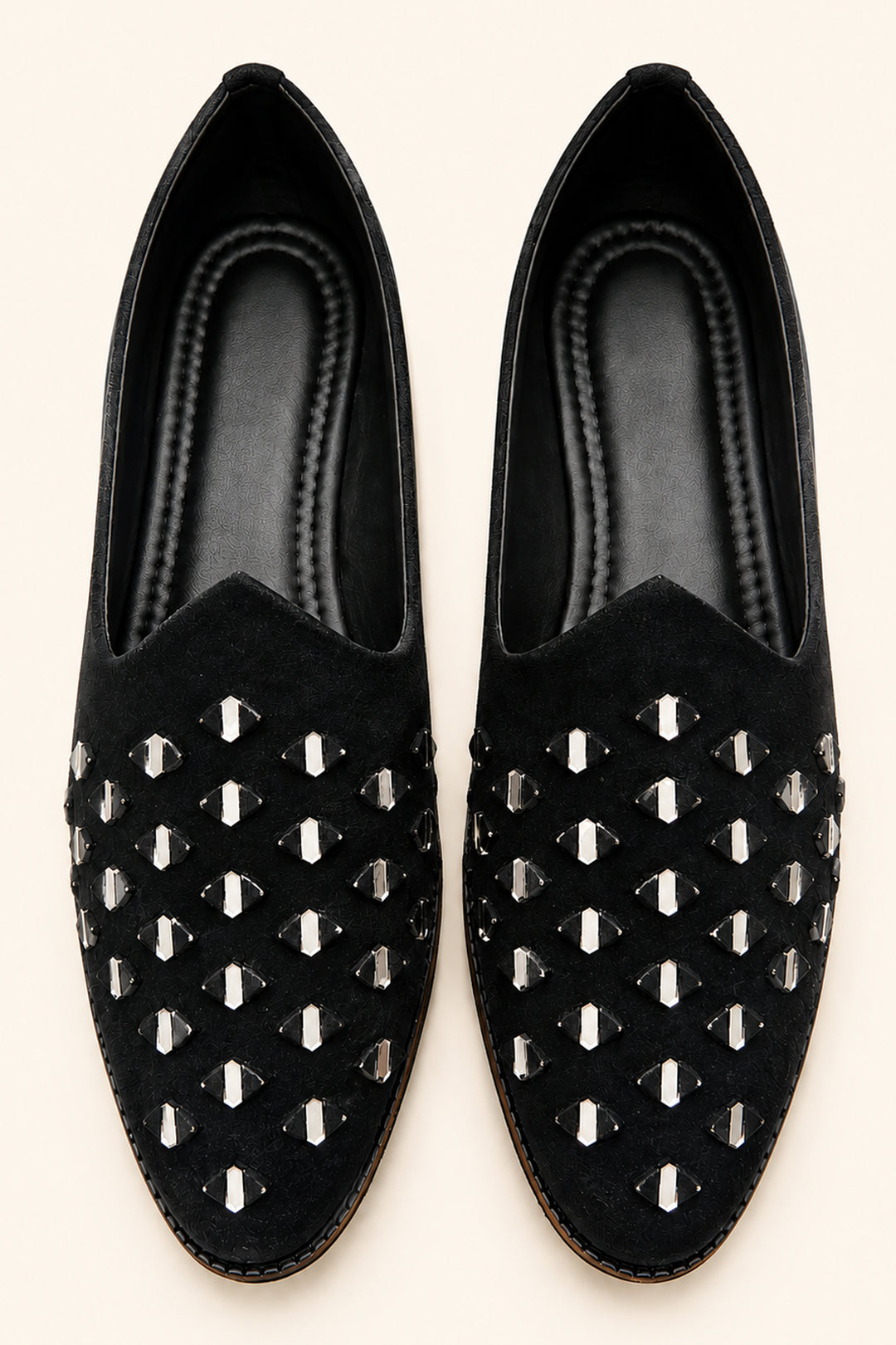 Black Mens Mirror Work Velvet Shoes.