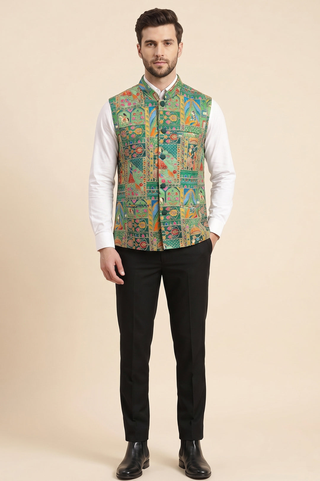 Green Multi Colour Embroidered Waistcoat.