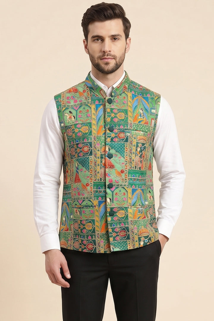 Green Multi Colour Embroidered Waistcoat.