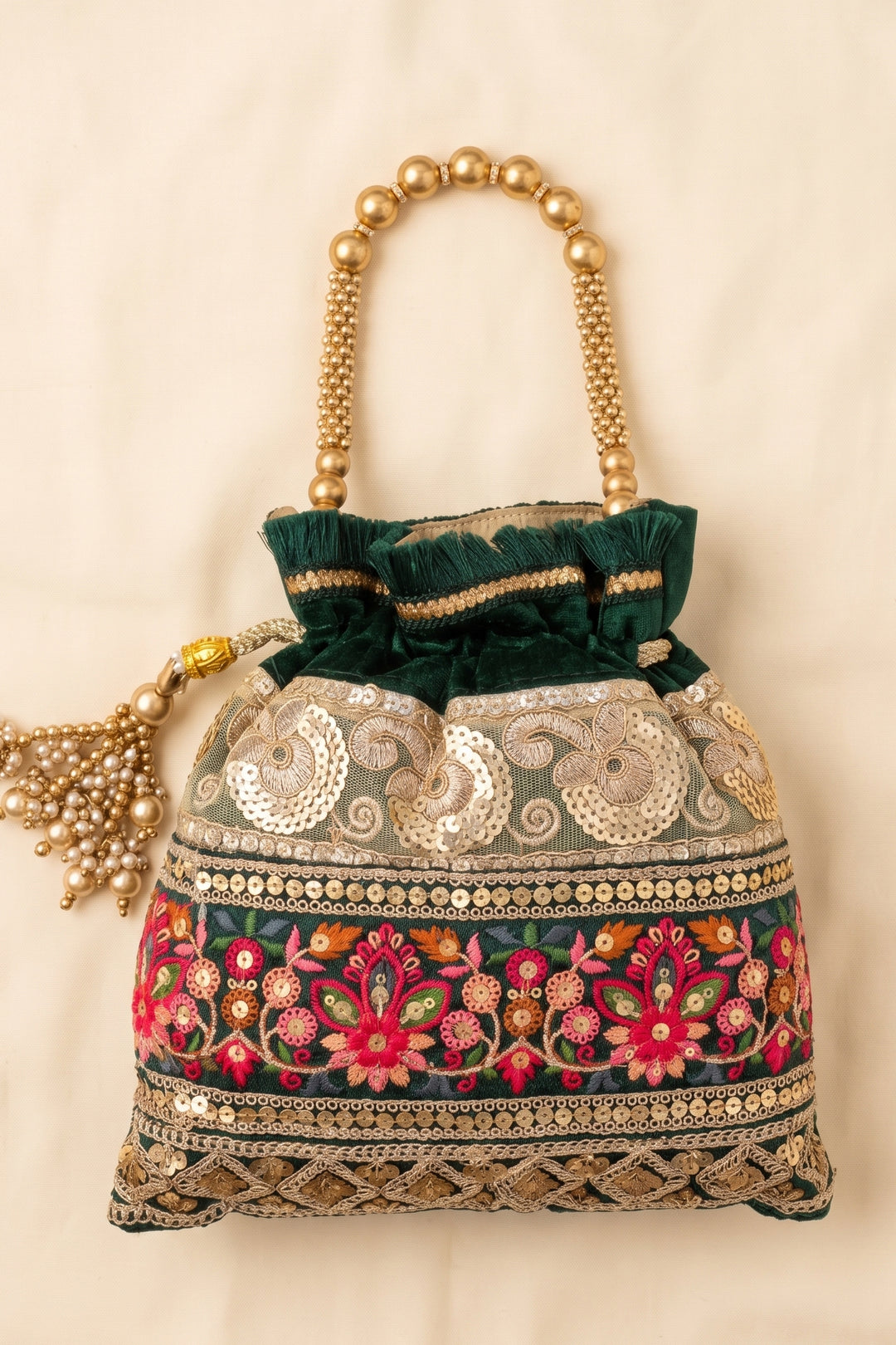 Bottle Green Embroidered Wedding Potli Bag.
