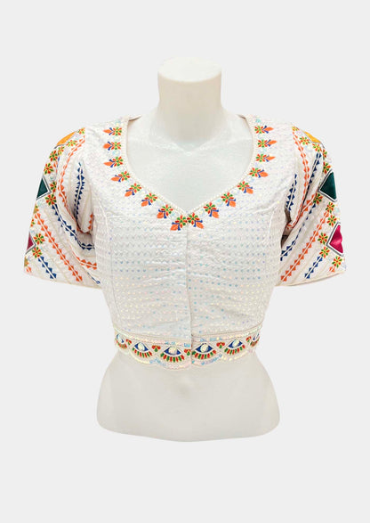 Designer White Soft Silk Blouse with Multi Colour Sequin and Thread Work