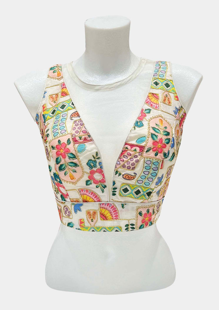 Raw Silk Blouse with Multi Colour Print.