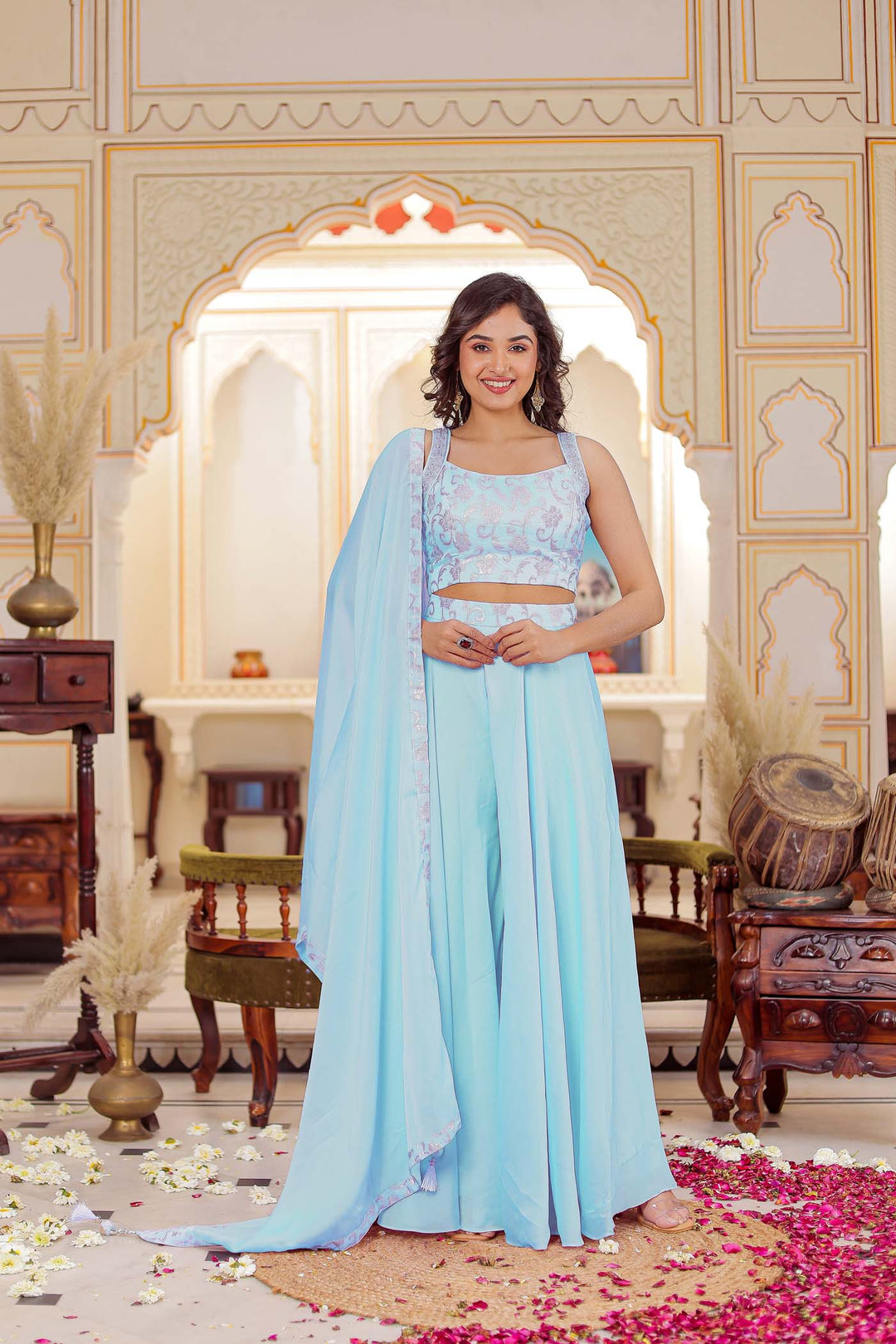 Sky-Blue Palazzo Choli Suit.