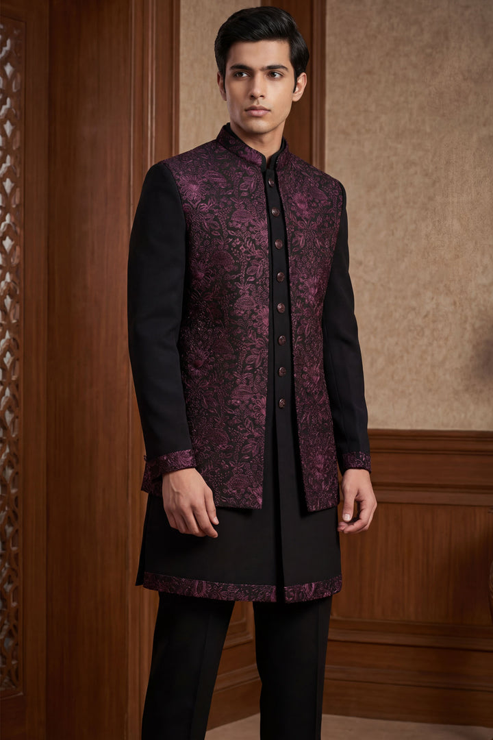 Black Wine Open Jacket Style Suit with Thread Work.