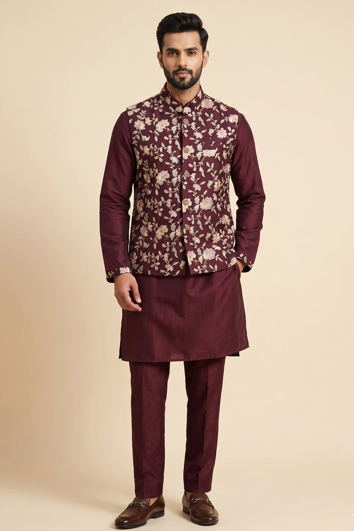 Magenta floral Jacket Style with Kurta Suit.