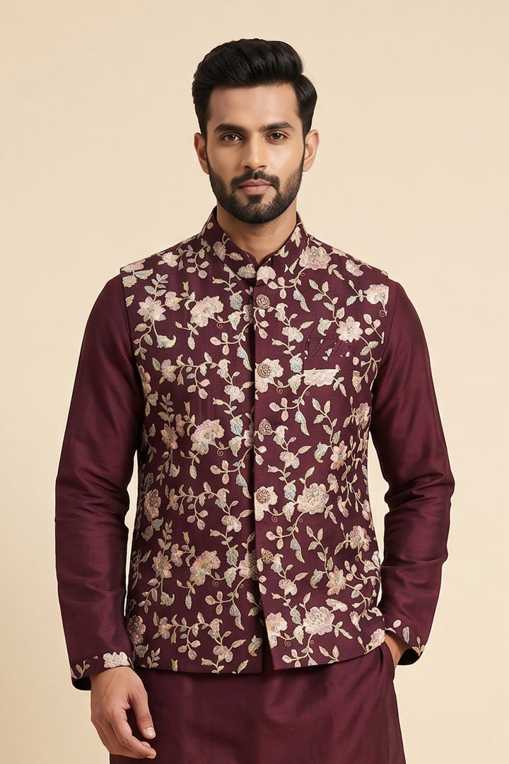 Magenta floral Jacket Style with Kurta Suit.