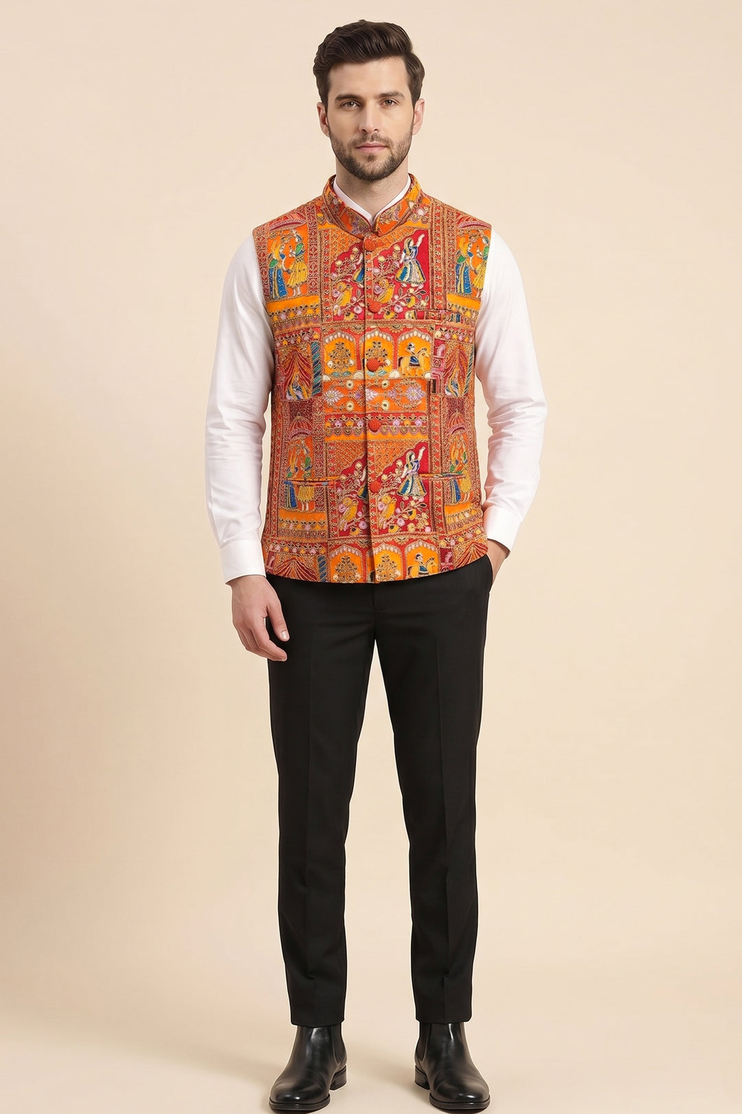 Orange Multi Colour Embroidered Waistcoat.