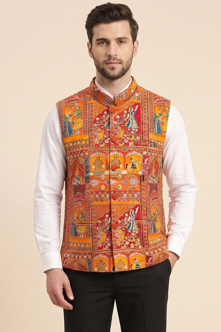 Orange Multi Colour Embroidered Waistcoat.