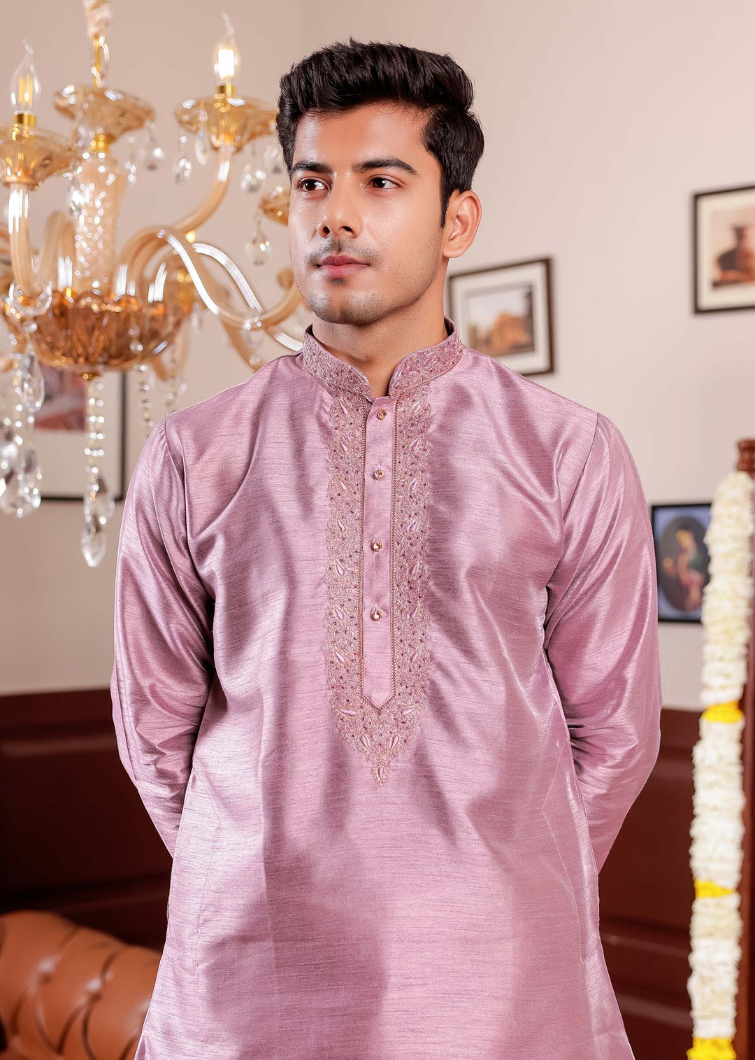 Mauve Raw Silk Kurta Suit with Intricate Embroidery on neckline.