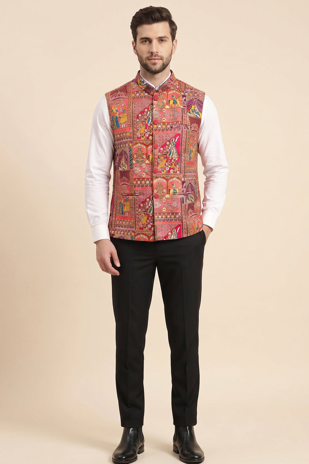 Pink Multi Colour Embroidered Waistcoat.