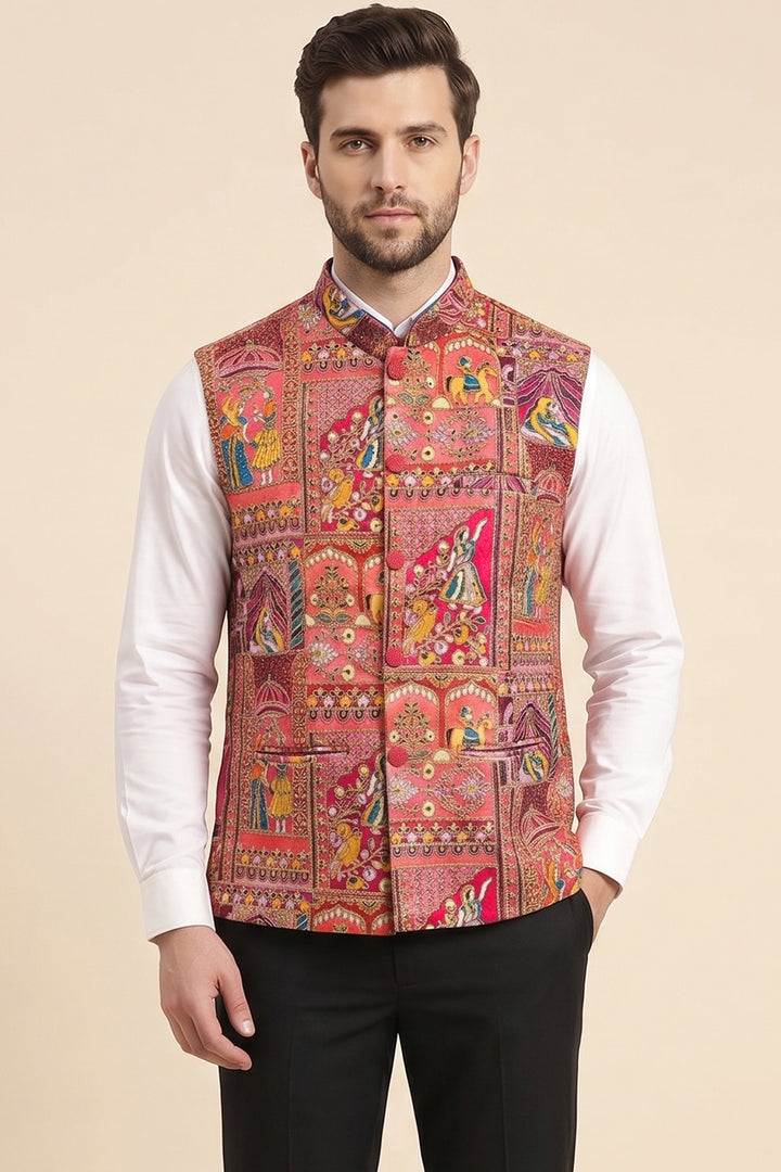 Pink Multi Colour Embroidered Waistcoat.