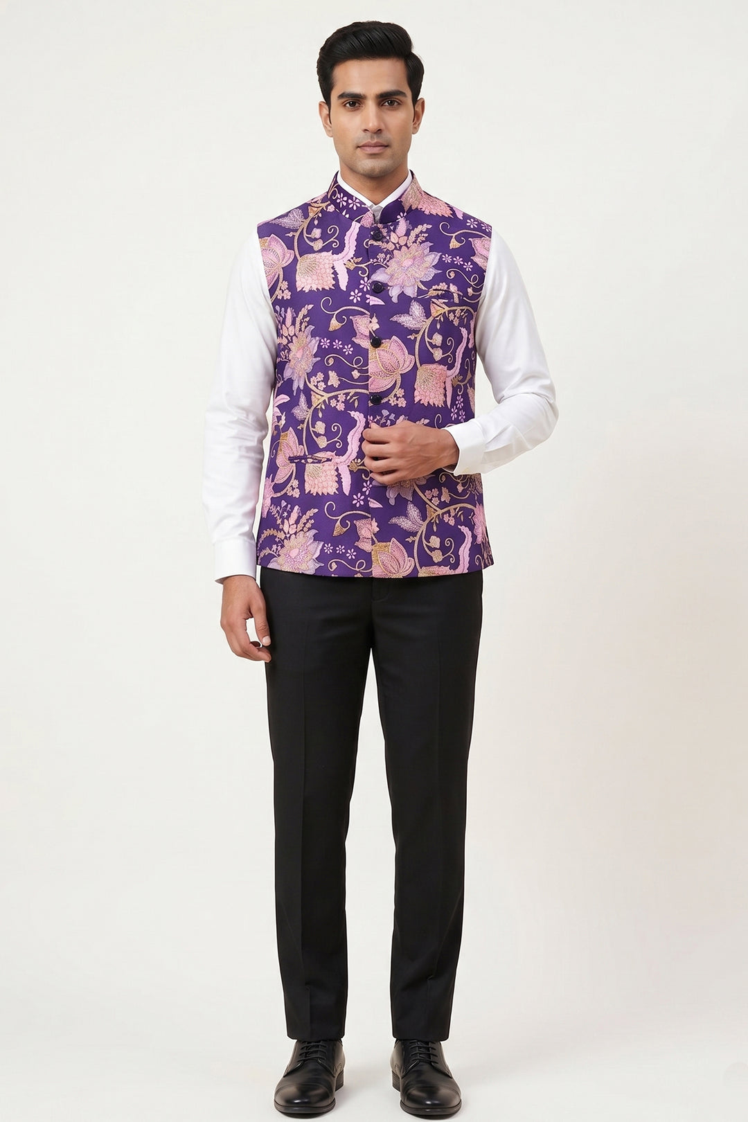 Purple Floral Print Embroidered Waistcoat.