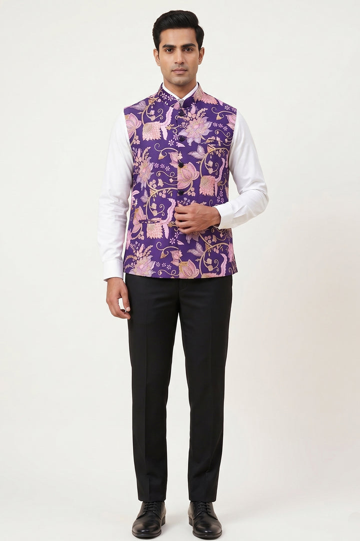 Purple Floral Print Embroidered Waistcoat.