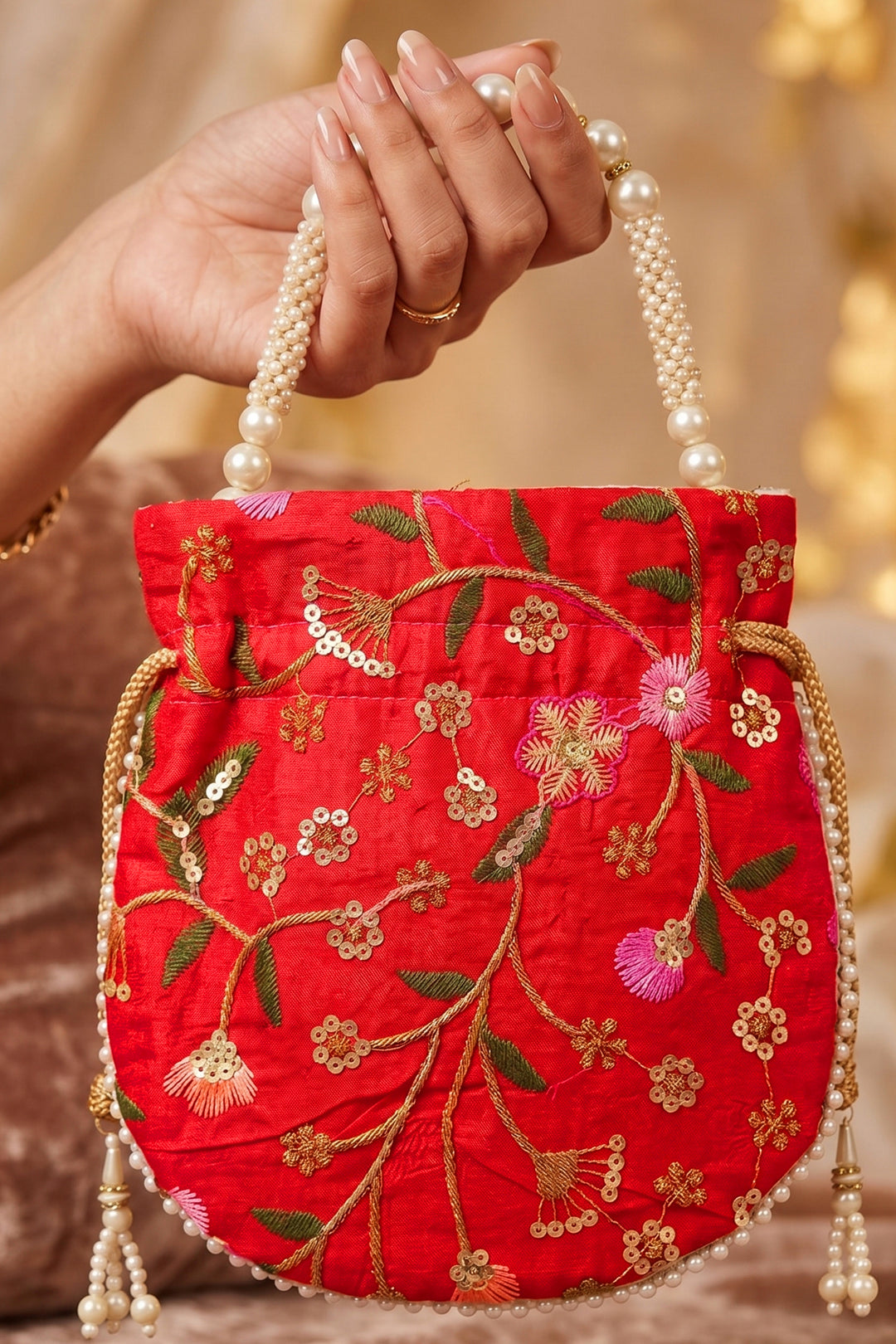 Red Embroidered Wedding Potli Bag.