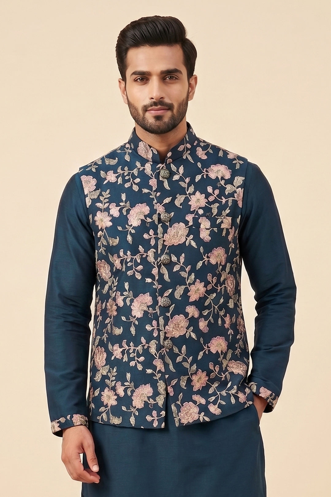 Teal Blue floral Jacket Style with Kurta Suit.
