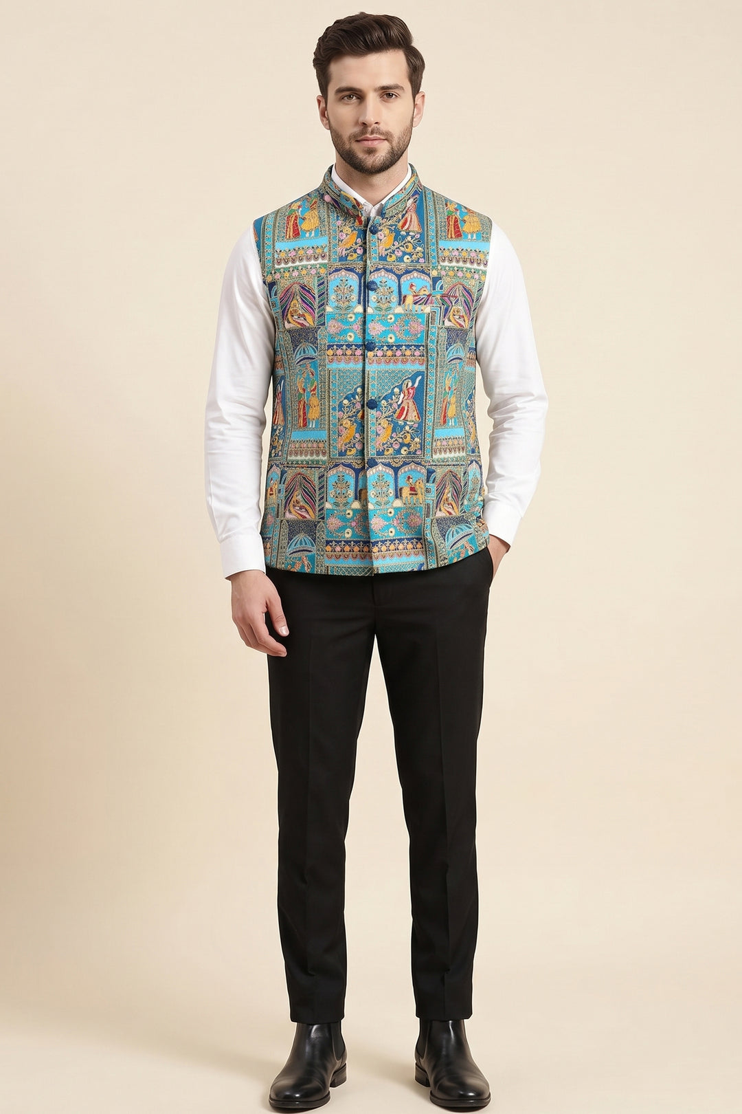 Turquoise Blue Multi Colour Embroidered Waistcoat.
