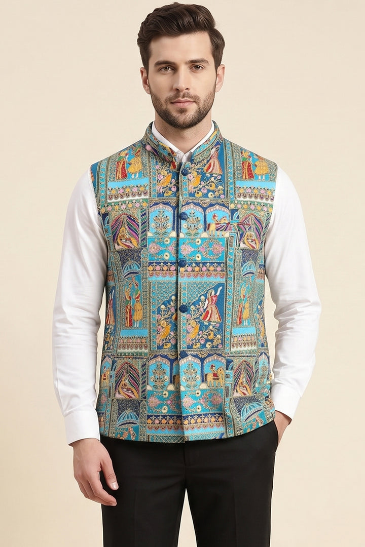 Turquoise Blue Multi Colour Embroidered Waistcoat.