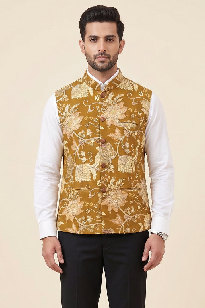 Mehndi Floral Print Embroidered Waistcoat.