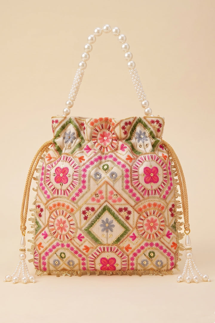 White Multi Colour Embroidered Wedding Potli Bag.